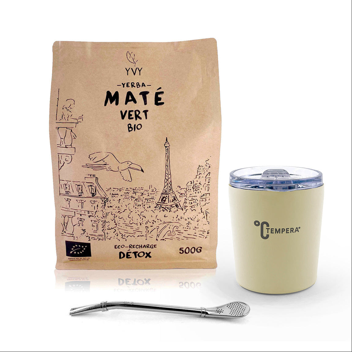 kit maté tempera calebasse en acier inoxydable beige avec couvercle